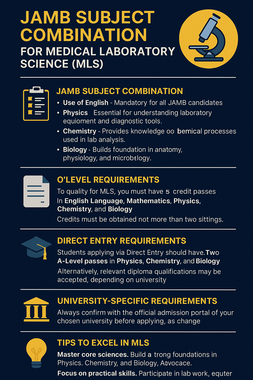 JAMB Subject Combination for Medical Laboratory Science (MLS)